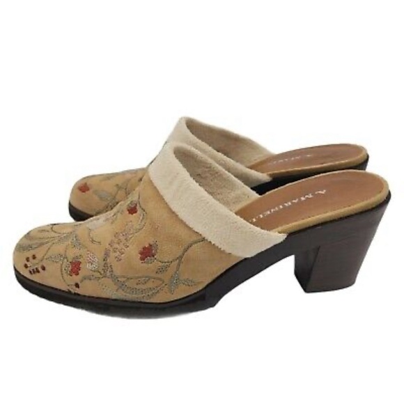 A Marinelli Printed Tan Floral Suede Embroidered 2.5” Heeled Clog Mule Women’s 8 - Picture 7 of 9